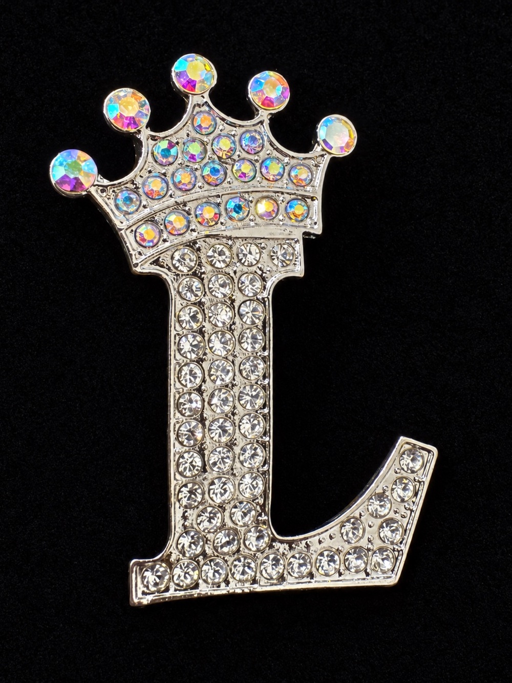 Silver Crystal Letter L Brooch with Jeweled Crown